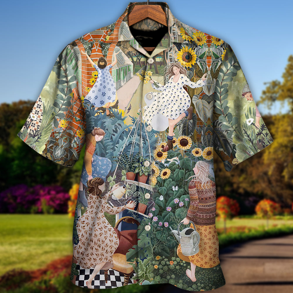 Spring Gardening Morning Garden Hawaiian Shirt Pattern Detail For Resort Wear