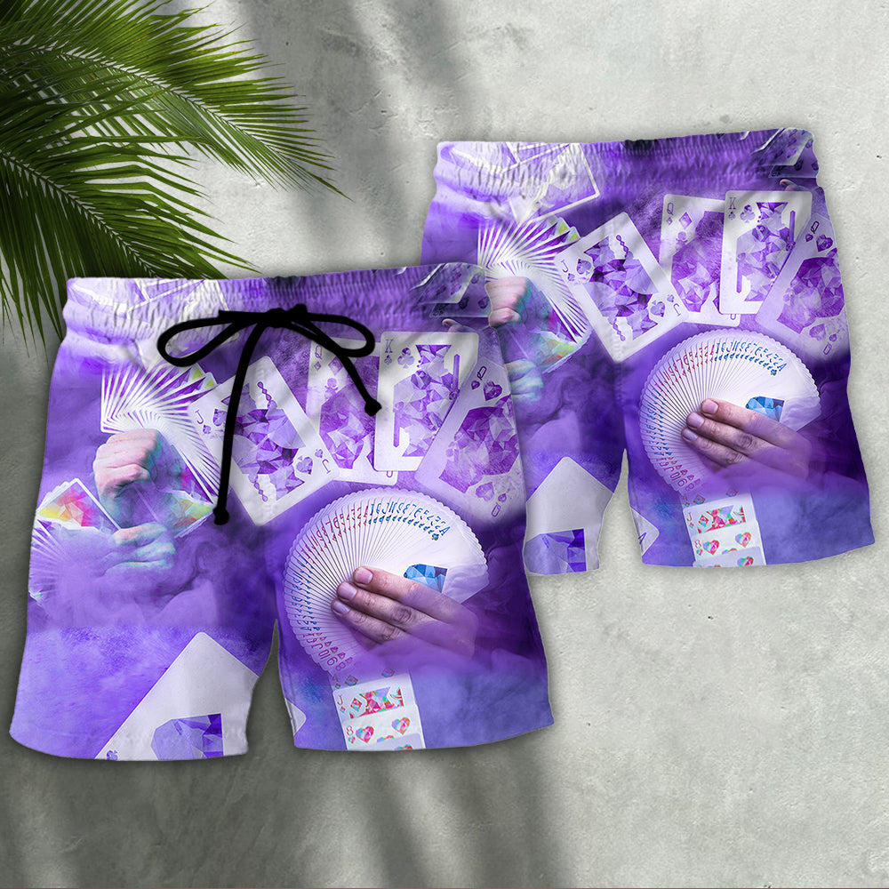 Gambling Purple Beach Shorts Artwork Detail For Casual Warm Weather Outfits