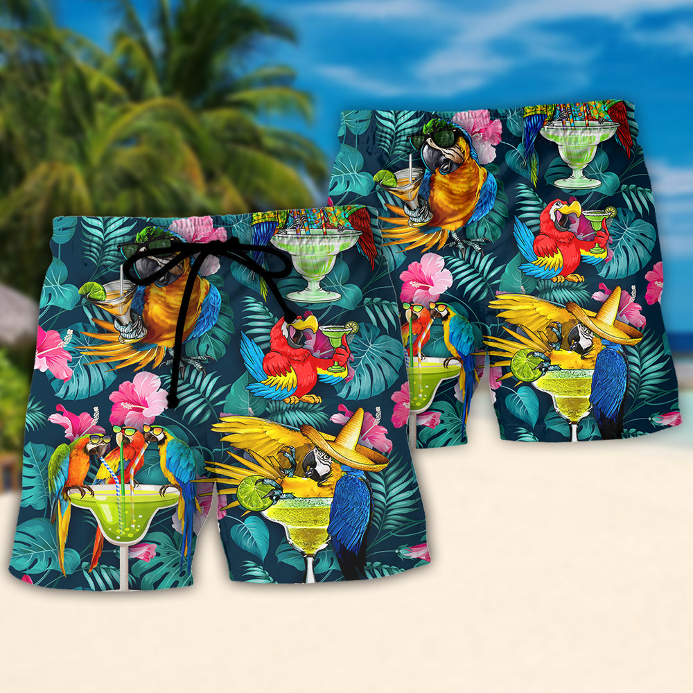 Coastal Tropical Parrot Cocktail Beach Shorts Pattern Detail For Seaside Leisure And Travel Ready Comfort