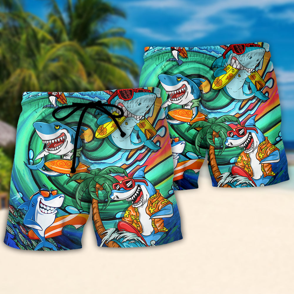 Surfing Shark Beach Shorts Pattern Detail For Seaside Leisure And Lightweight Summer Style