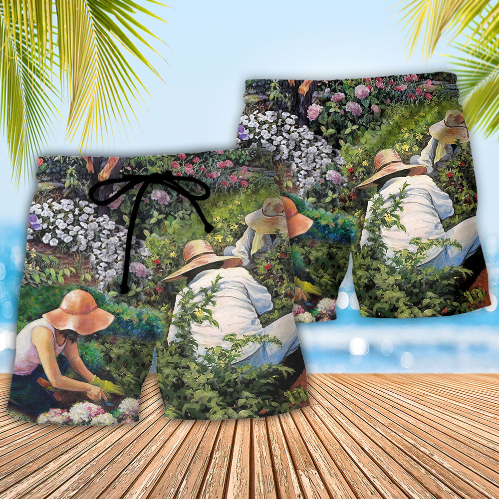 Botanical Vintage Gardening Beach Shorts Pattern Detail For Sunny Day Adventures And Easy Warm Weather Wear