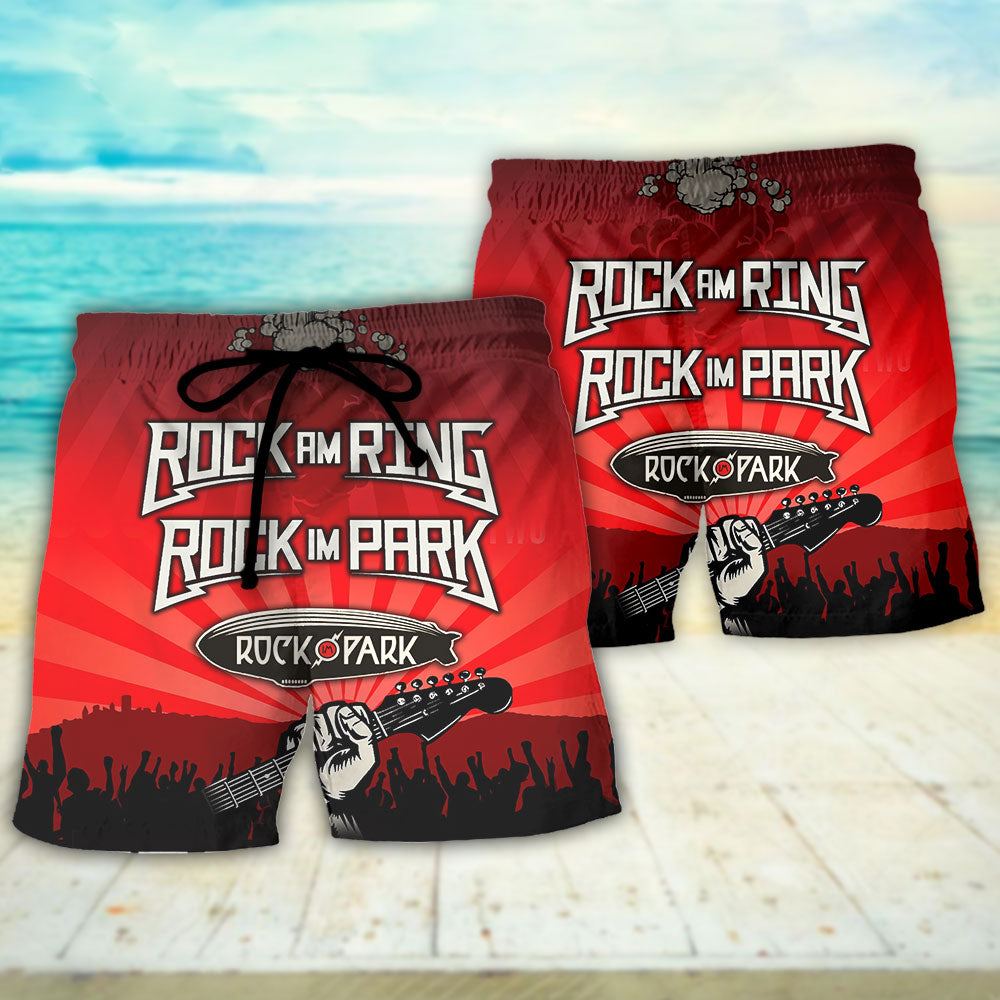 Red Rock Music Beach Shorts Pattern Detail For Vacation Style And Leisure And Relaxation