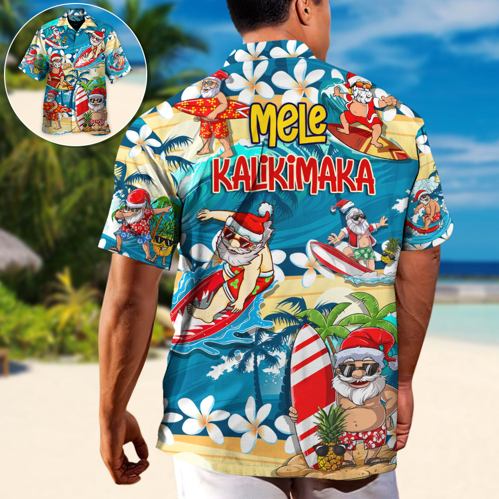 Island Surfing Santa Christmas July Hawaiian Shirt All Over Print Detail For Warm Weather Events