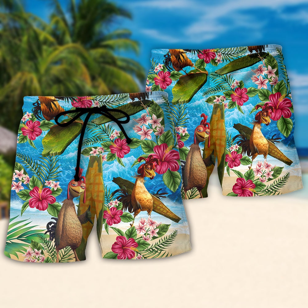Tropical Surfing Chicken Beach Shorts Pattern Detail For Poolside Fun And Everyday Comfort