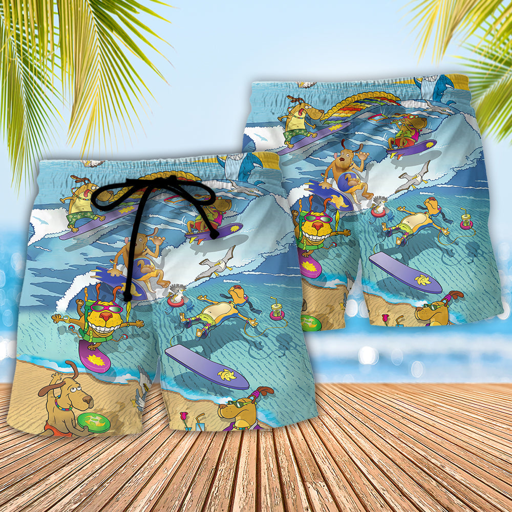 Coastal Dog Shark Beach Shorts Pattern Detail For Resort Wear And Bright Seasonal Outfits