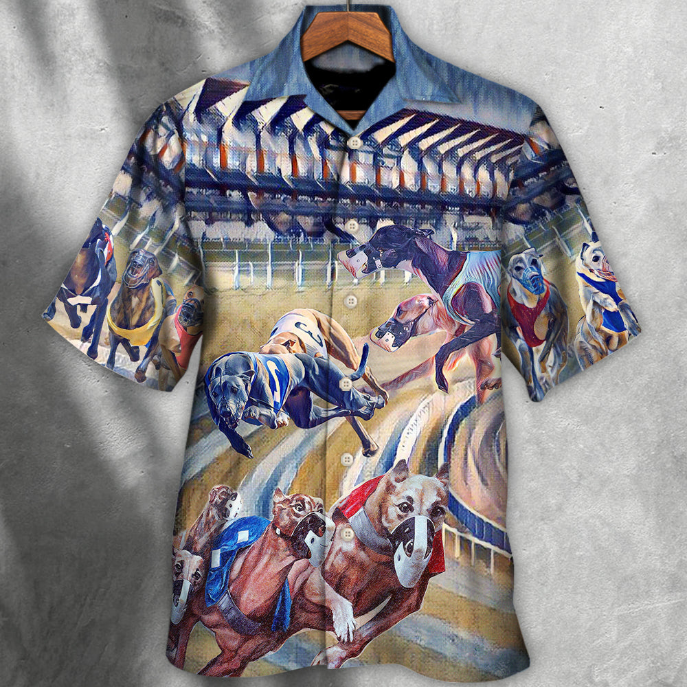Dog Racing Greyhound Hawaiian Shirt Front Pattern View For Casual Outings