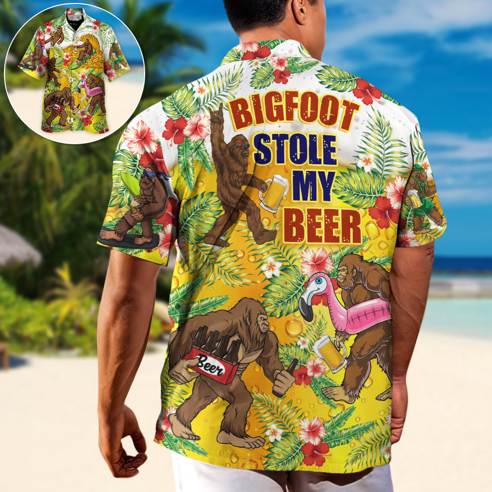 Funny Tropical Beer Forest Creature Stole Hawaiian Shirt Design View For Resort Travel And Thoughtful Gifting
