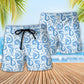 Blue White Fantasy Roleplaying Dragon Beach Shorts Pattern Detail For Island Trips And Travel Ready Comfort