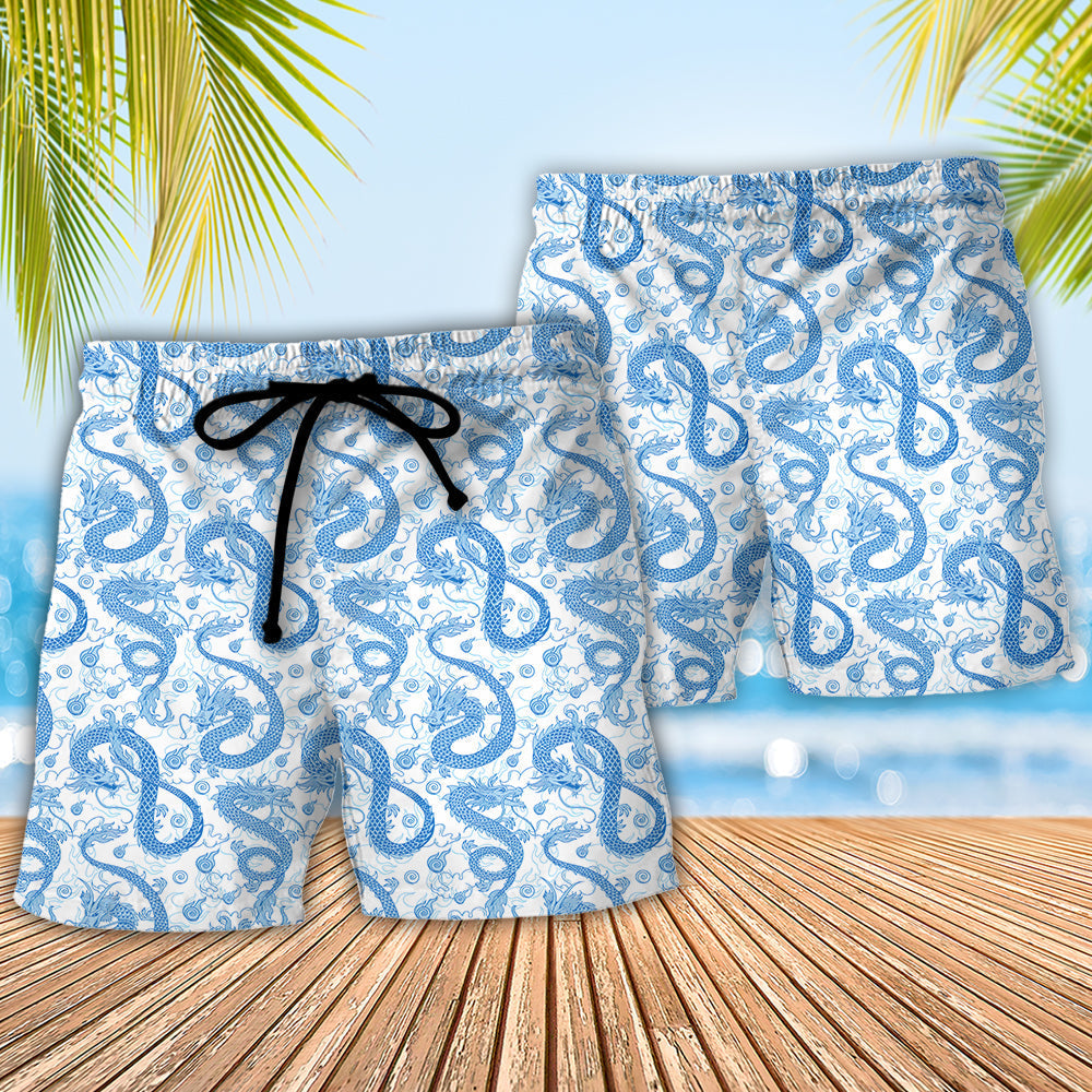 Blue White Fantasy Roleplaying Dragon Beach Shorts Pattern Detail For Island Trips And Travel Ready Comfort