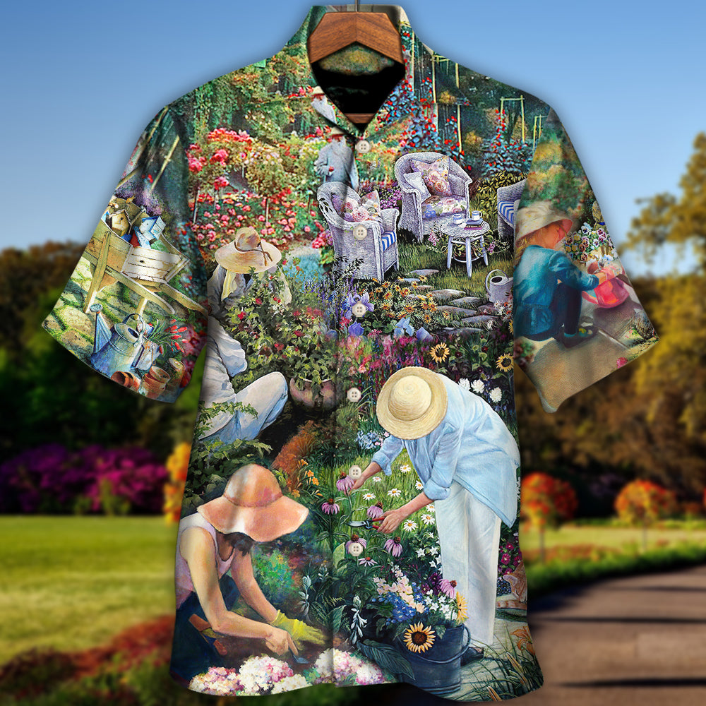 Gardening Believe Tomorrow Garden Hawaiian Shirt Artwork Detail For Resort Trips And Outdoor Activities