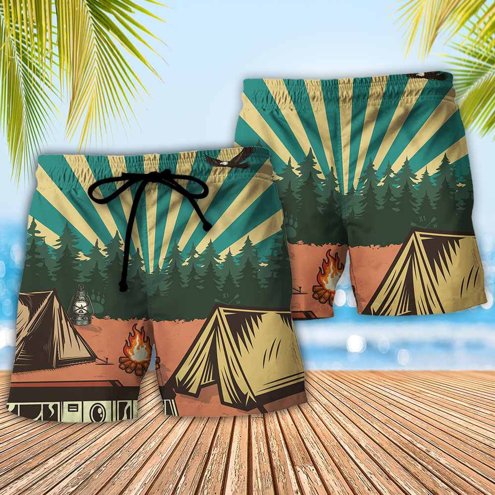 Camping Beach Shorts Pattern Detail For Seaside Leisure And Weekend Casual Style