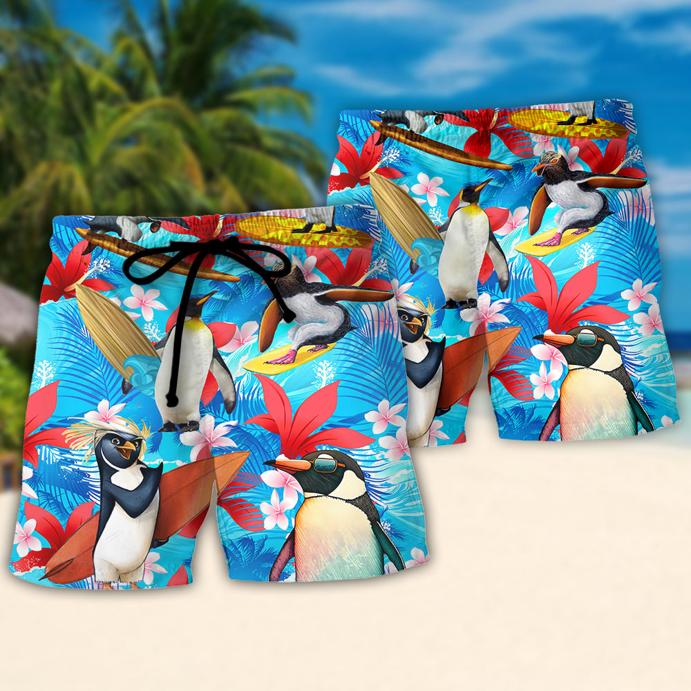 Surfing Penguin Beach Shorts Pattern Detail For Casual Outings And Travel Ready Comfort