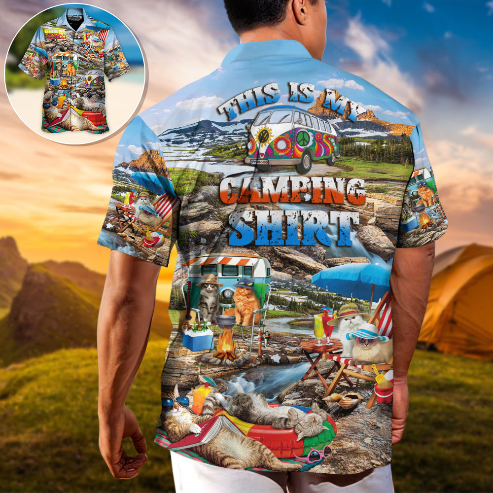 Funny Camping Cat Relaxed Hawaiian Shirt Graphic Artwork Detail For Tropical Vacations