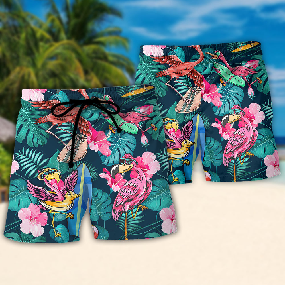 Surfing Flamingo Wave Beach Shorts Pattern Detail For Casual Outings And Leisure And Relaxation