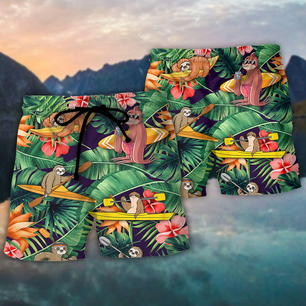 Tropical Kayaking Sloth Beach Shorts Pattern Detail For Island Trips And Weekend Casual Style