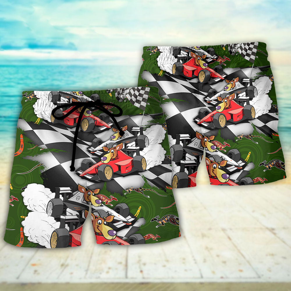 Kangaroo Racing Motorsport Racing Car Beach Shorts Pattern Detail For Island Trips And Versatile Outdoor Wear