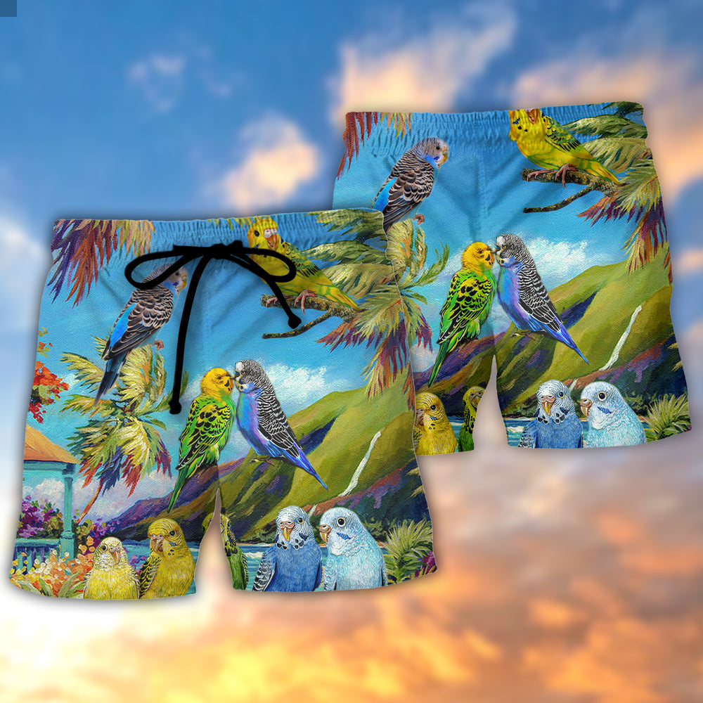 Landscape Parrot Beach Shorts Pattern Detail For Summer Travel And Bright Seasonal Outfits