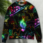 Black Cat Magical Light Music Notes Sweater For Holidays Parties And Comfortable Everyday Wear