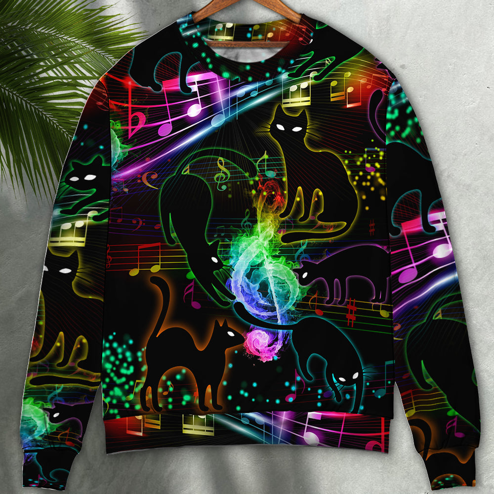 Black Cat Magical Light Music Notes Sweater For Holidays Parties And Comfortable Everyday Wear