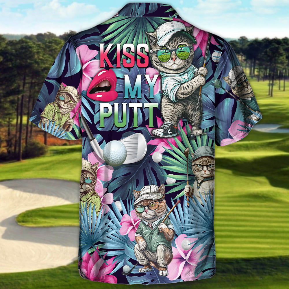 Tropical Funny Golf Cat Hawaiian Shirt Detailed Pattern View For Island Holidays