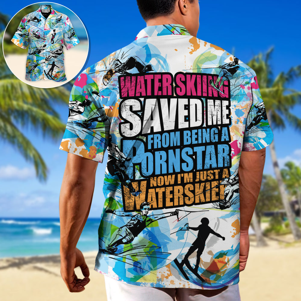 Retro Waterskiing Wild Career Waterskier Hawaiian Shirt Pattern Detail For Vacation Travel And Daily Wear