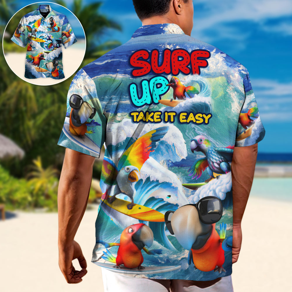 Funny Surfing Parrot Surf Hawaiian Shirt Pattern Detail For Summer Travel