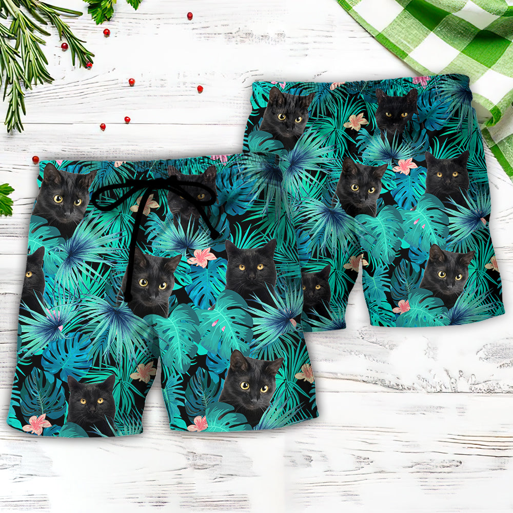 Tropical Leaf Black Cat Beach Shorts Pattern Detail For Vacation Style And Everyday Comfort