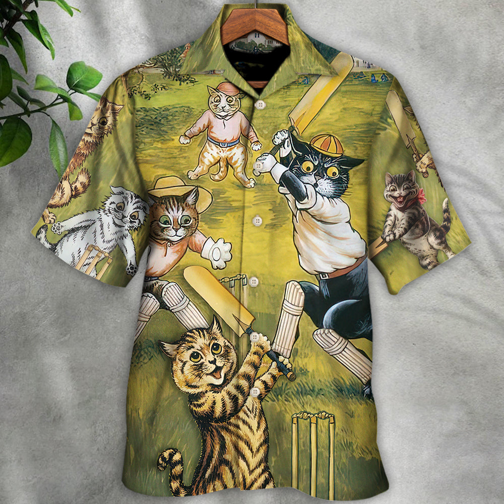 Funny Cat Cricket Hawaiian Shirt Button Front Artwork For Outdoor Gatherings
