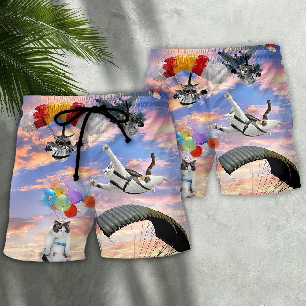 Parasailing Cat Beach Shorts Pattern Detail For Coastal Travel And Bright Seasonal Outfits