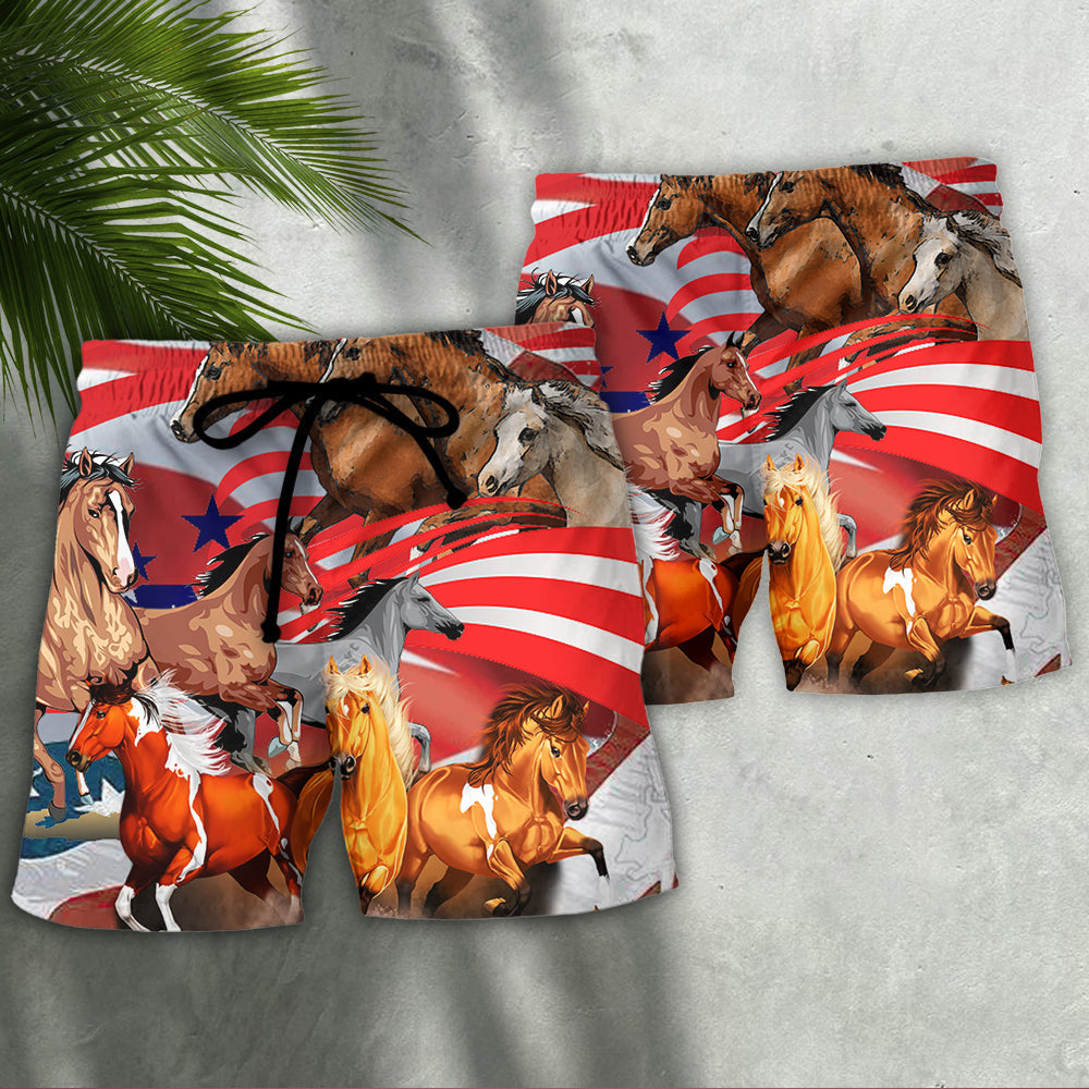 Horse America Independence Day Beach Shorts For Summer Vacation And Coastal Travel