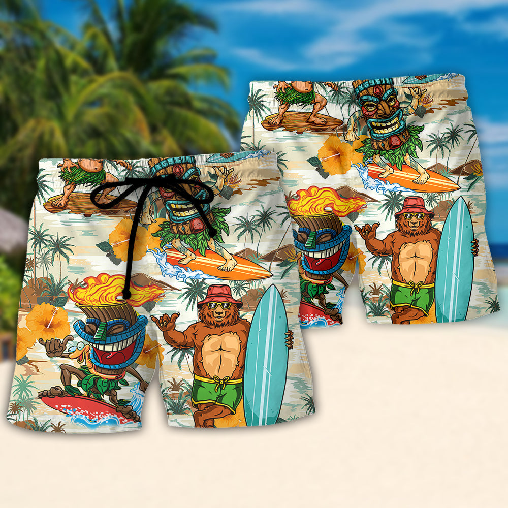 Surfing Bear And Tiki Ride The Wave Follow The Beach Shorts For Ocean Lover Vacation Wear
