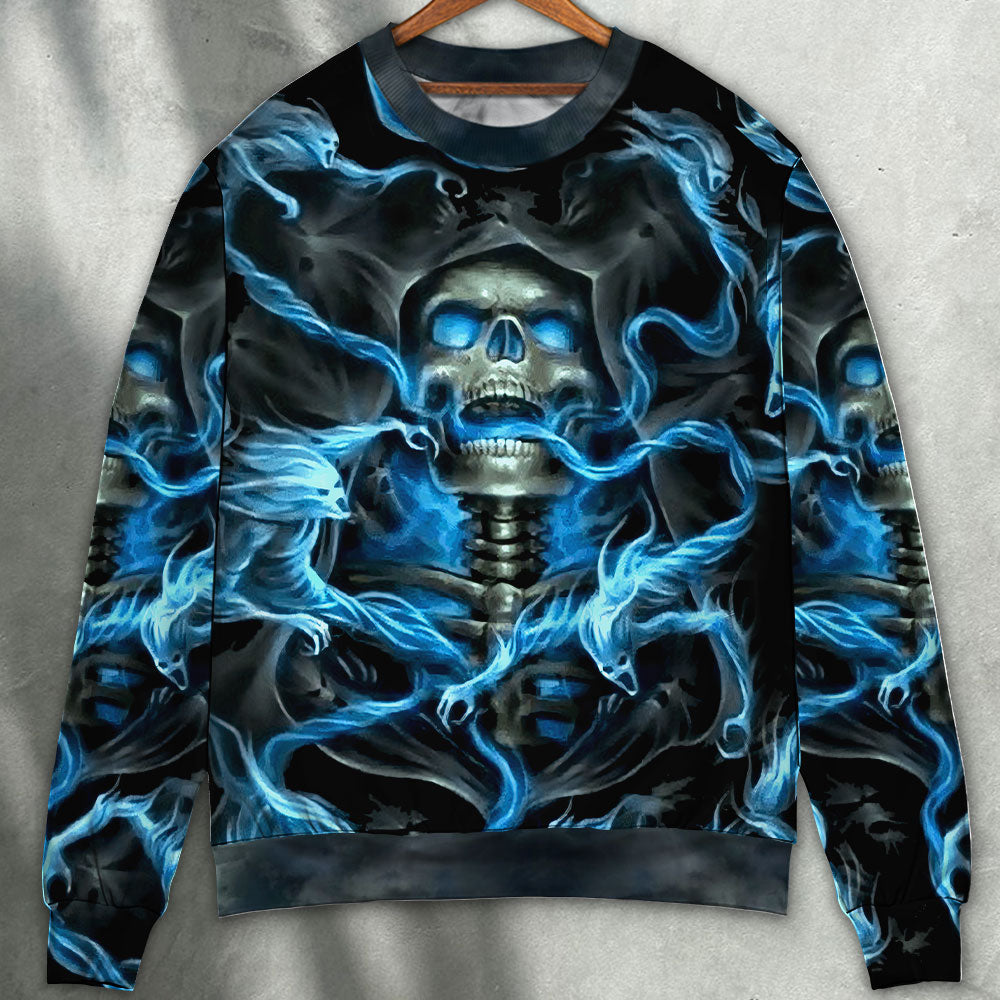 Blue Smoke Flaming Skull Sweater For Casual Wear Parties And Thoughtful Gifting