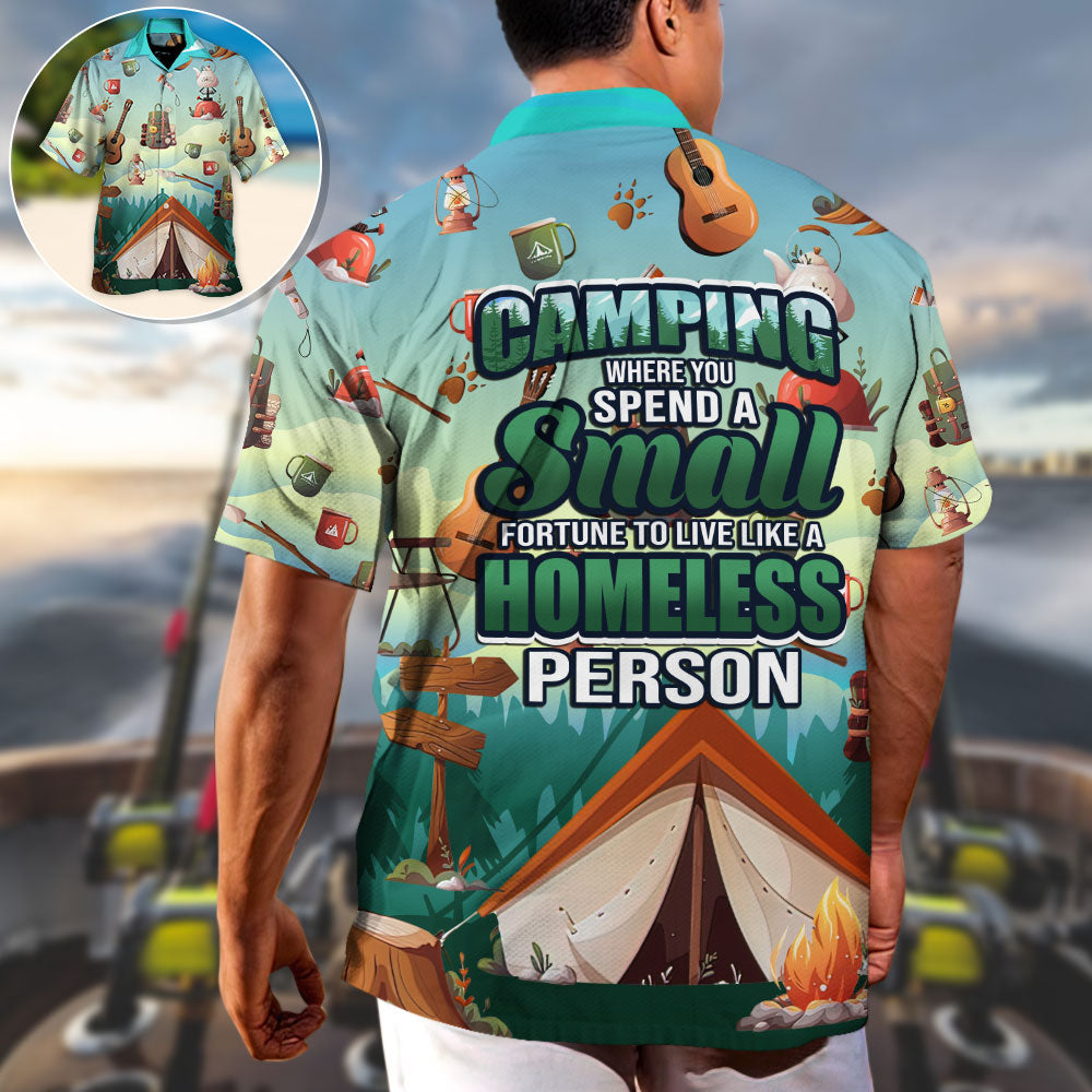 Camping Spend Fortune Homeless Hawaiian Shirt Collar And Front View For Coastal Travel