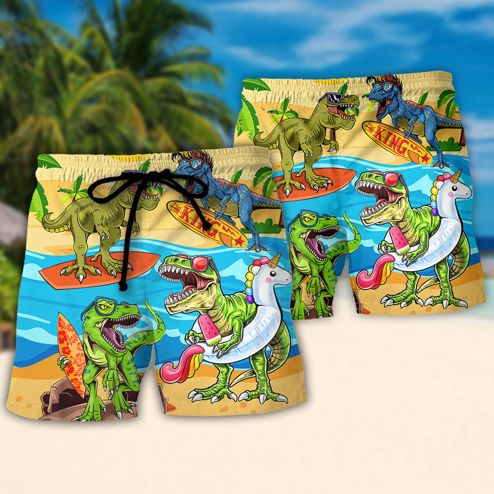 Surfing Dinosaur Beach Shorts Pattern Detail For Seaside Leisure And Weekend Casual Style
