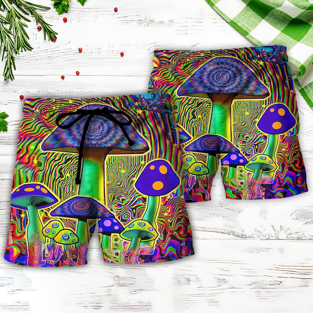 Hippie Mushroom Magic Beach Shorts Pattern Detail For Tropical Escapes And Easy Warm Weather Wear