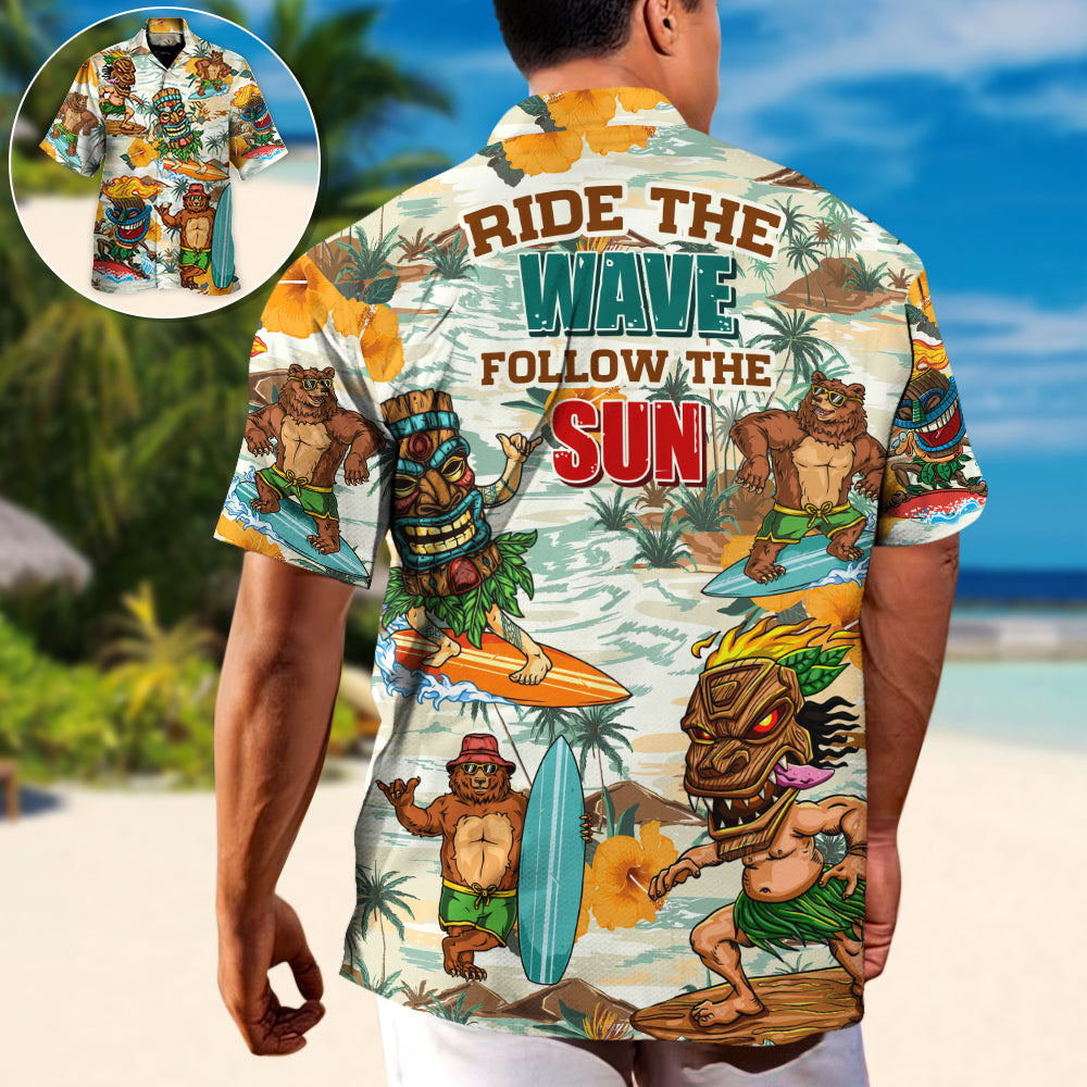 Funny Surfing Bear Hawaiian Shirt Button Front Artwork For Beach Days