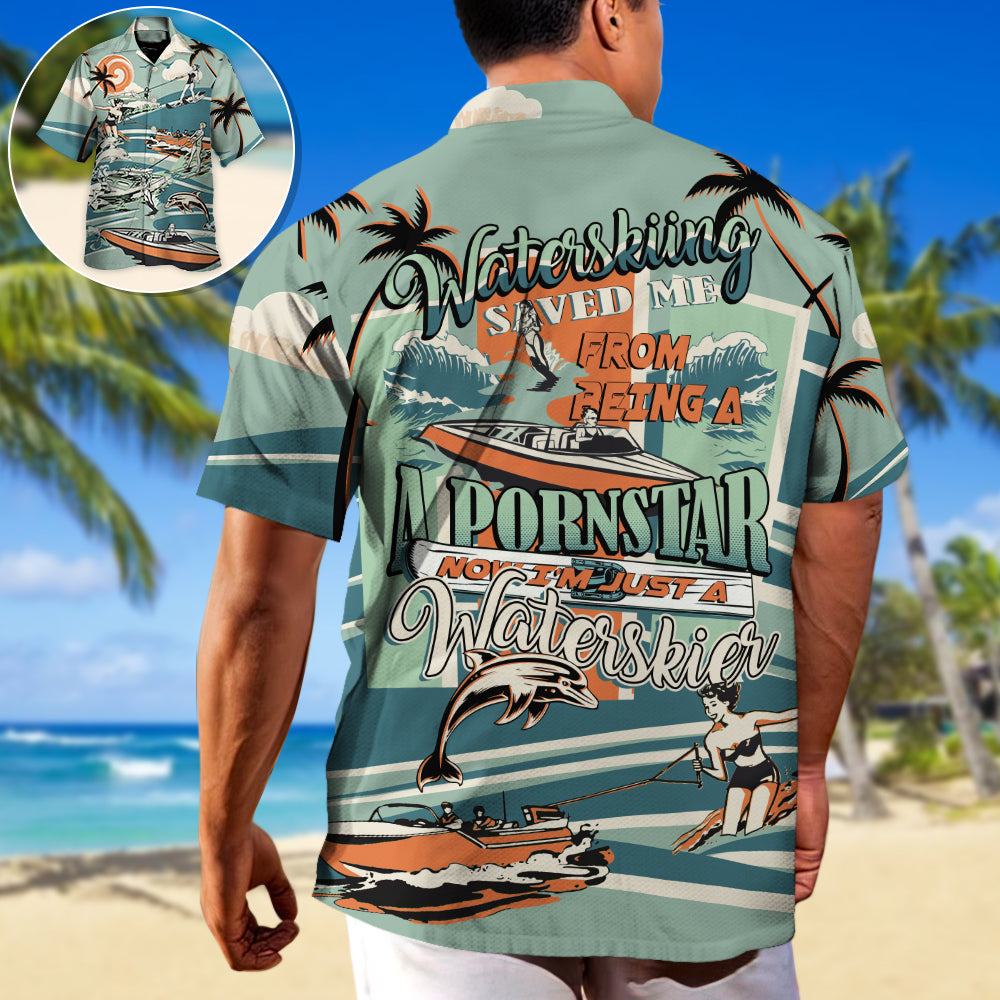 Funny Vintage Waterskiing Waterskier Hawaiian Shirt Design Detail For Beach Days And Holiday Travel