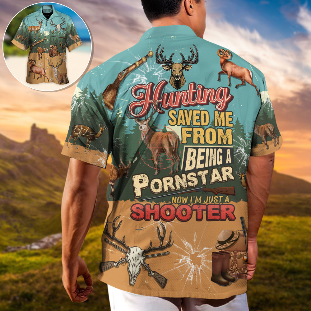 Funny Vintage Deer Hunting Shooter Hawaiian Shirt Pattern Detail For Vacation Travel And Daily Wear