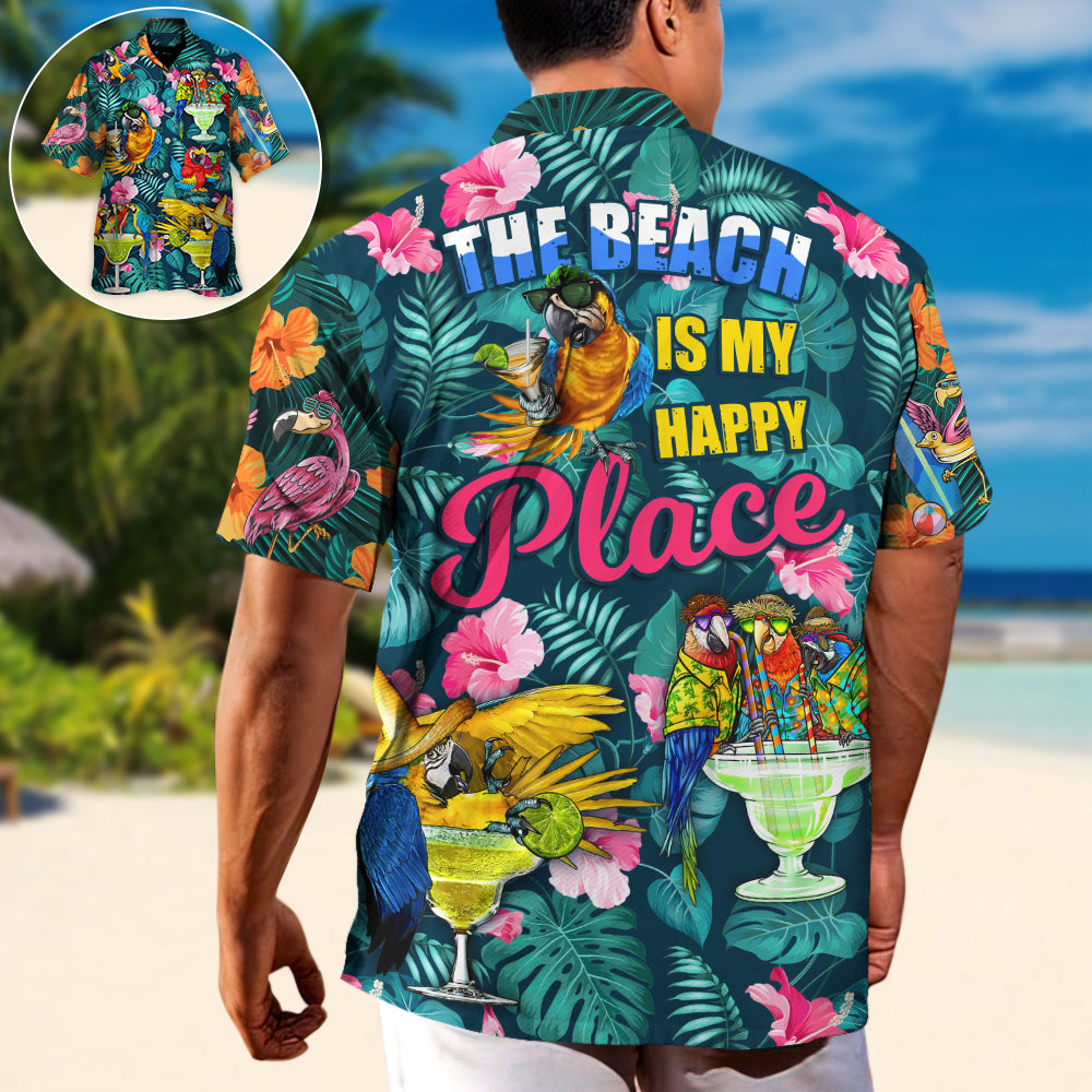 Tropical Funny Parrot Drinking Cocktails Beach Hawaiian Shirt Collar And Front View For Resort Wear