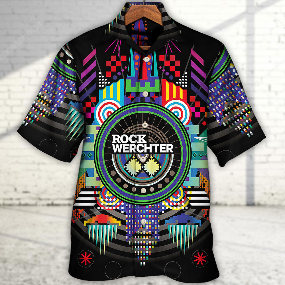 Rock Music Festival Hawaiian Shirt Collar And Front View For Tropical Vacations