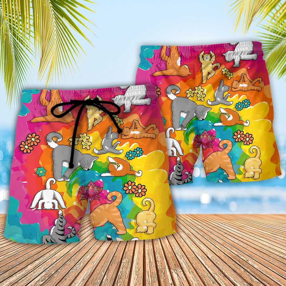 Yoga Cat Beach Shorts Pattern Detail For Outdoor Activities And Relaxed Casual Wear