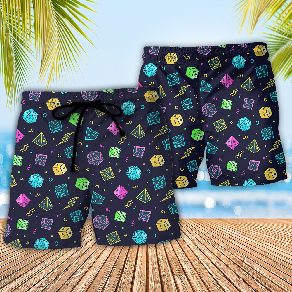 Colorful Fantasy Roleplaying Dice Beach Shorts Pattern Detail For Vacation Style And Easy Warm Weather Wear