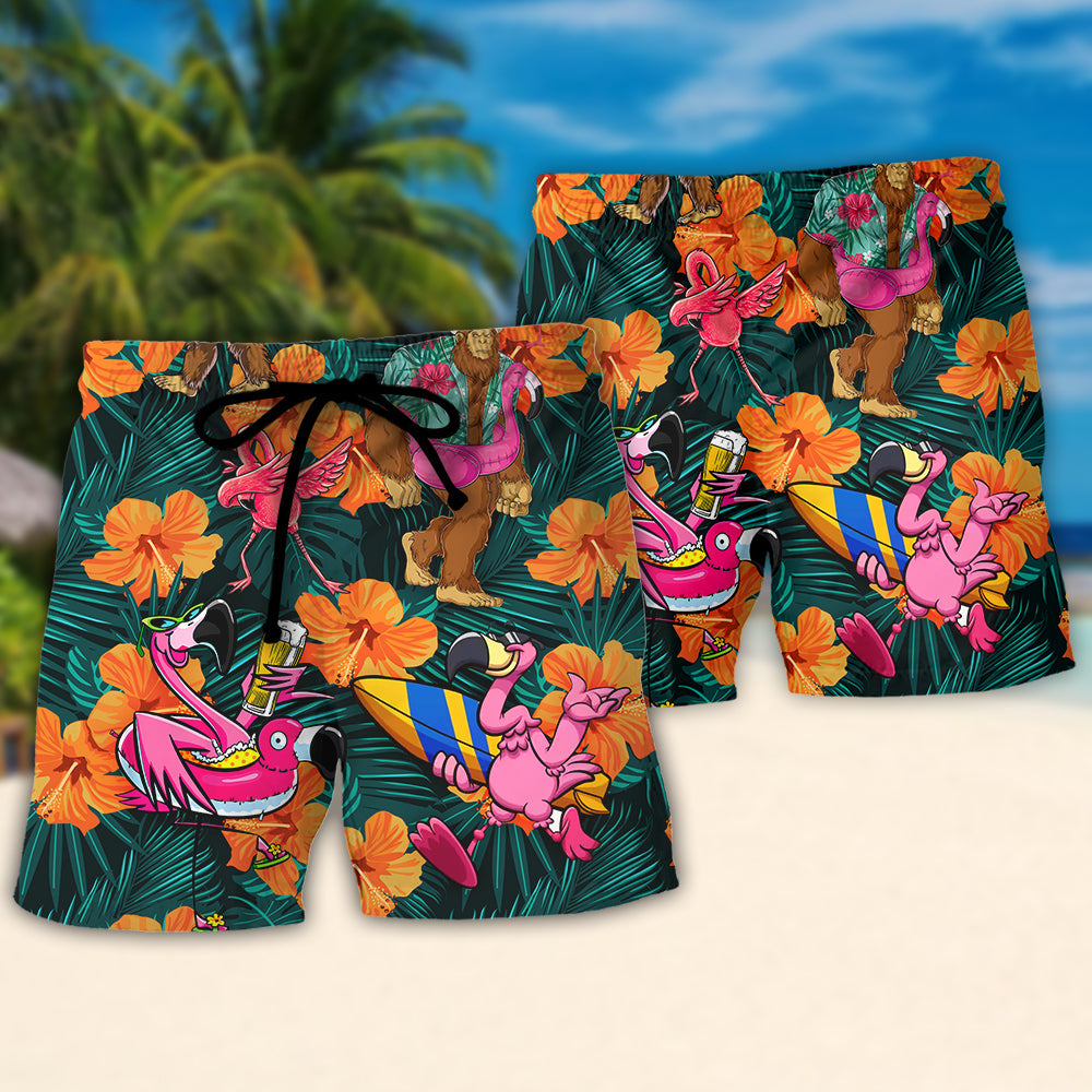 Coastal Tropical Flamingo Bigfoot Beach Shorts Pattern Detail For Relaxed Weekends And Travel Ready Comfort