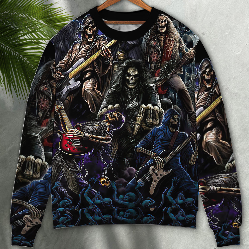 Dark Skull Guitar Sweater For Fantasy Fans Casual Outings And Weekend Adventures