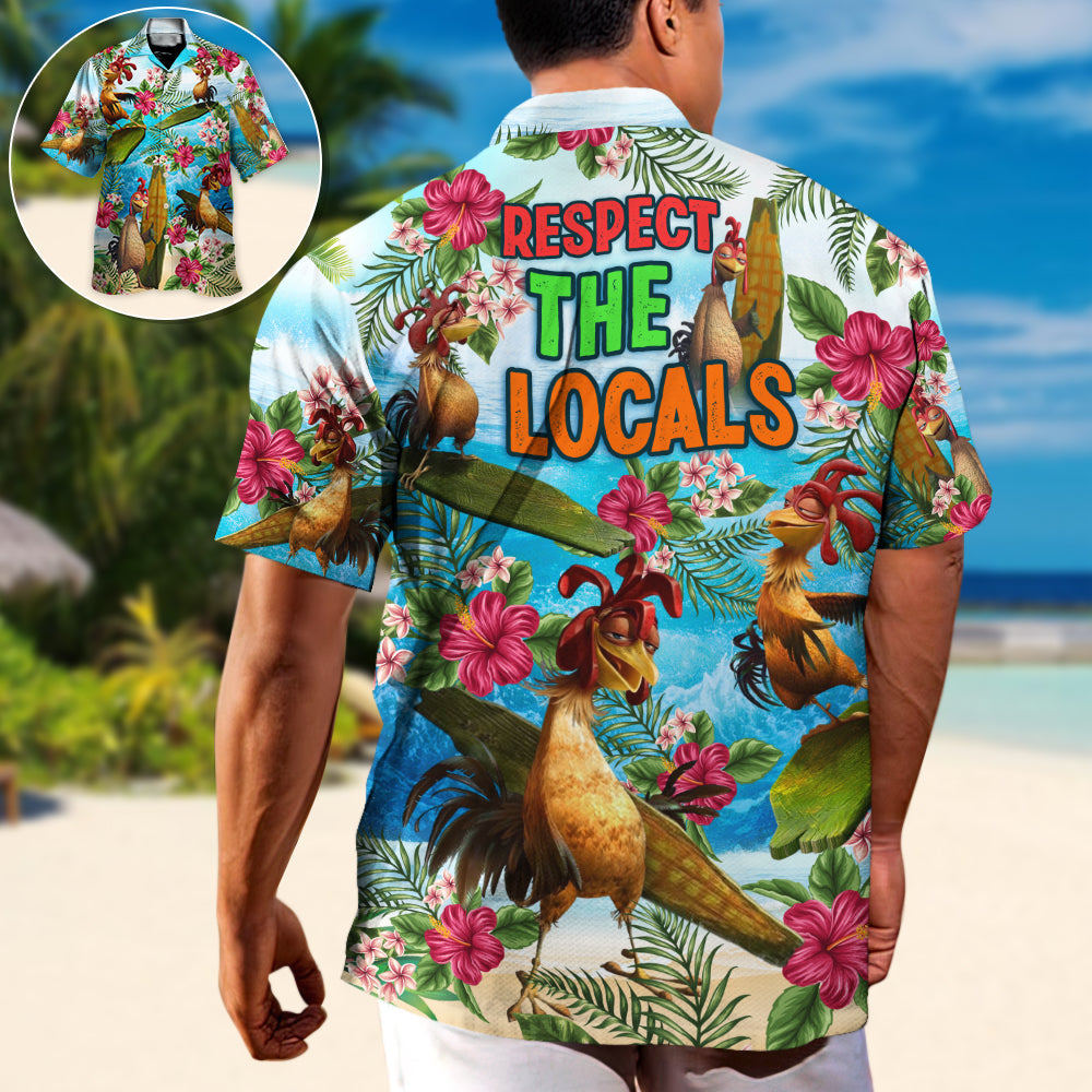 Tropical Funny Surfing Chicken Hawaiian Shirt Pattern Detail For Vacation Style