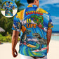 Funny Surfing Dinosaur Hawaiian Shirt Collar And Front View For Resort Wear