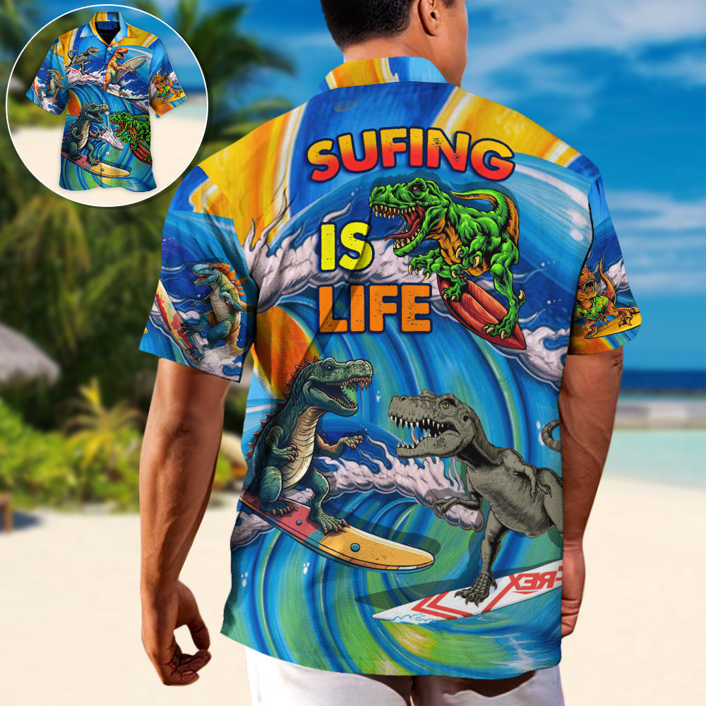Funny Surfing Dinosaur Hawaiian Shirt Collar And Front View For Resort Wear