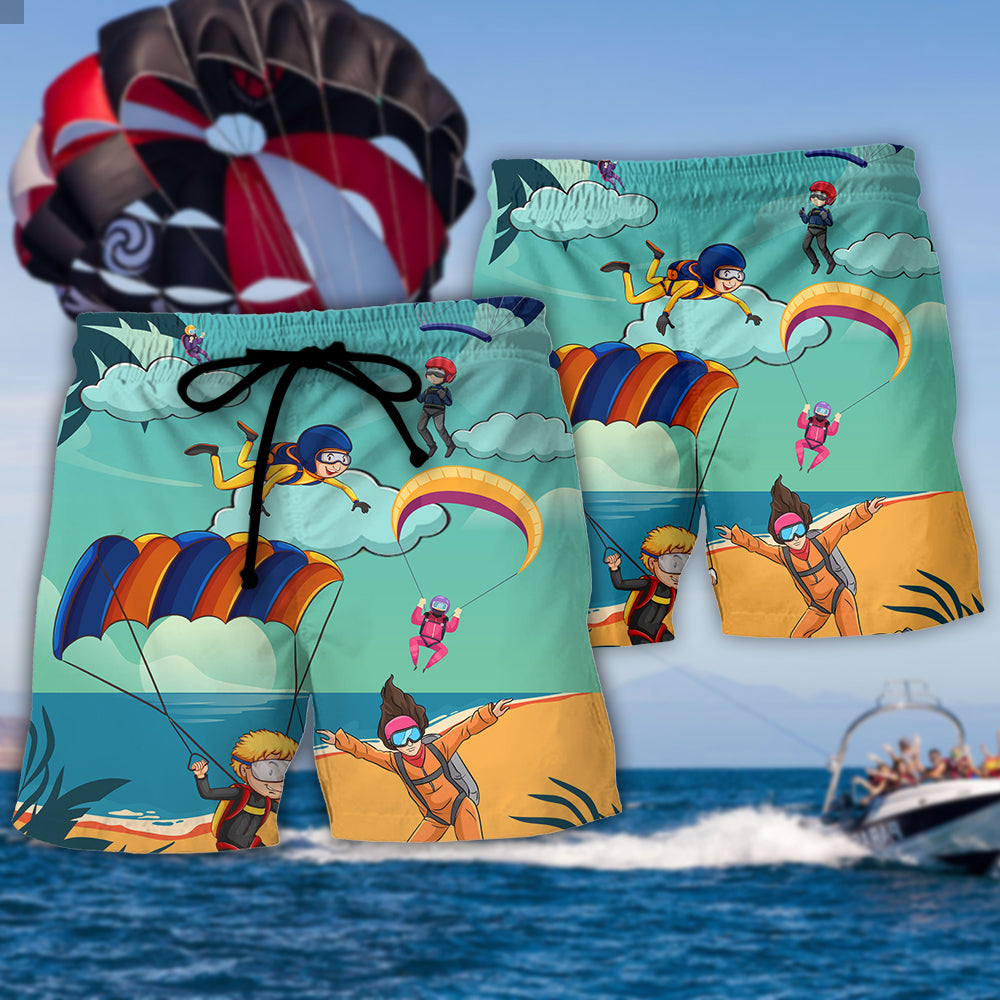 Coastal Parasailing Sky Beach Shorts Pattern Detail For Vacation Style And Thoughtful Gift Giving