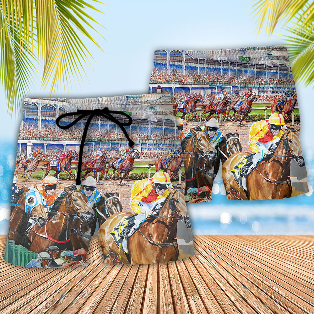 Horseback Riding Horse Beach Shorts Pattern Detail For Resort Wear And Weekend Casual Style