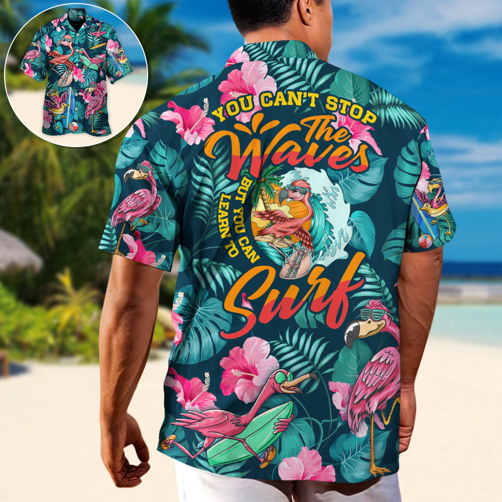 Funny Surfing Flamingo Surf Hawaiian Shirt Button Front Artwork For Casual Outings